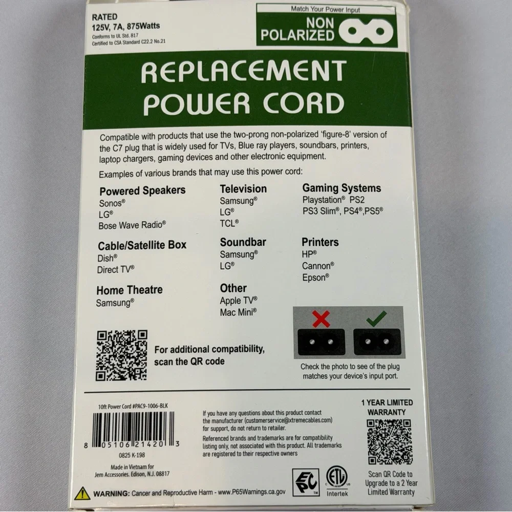 Samsung Non-Polarized Black Power‎ Cable